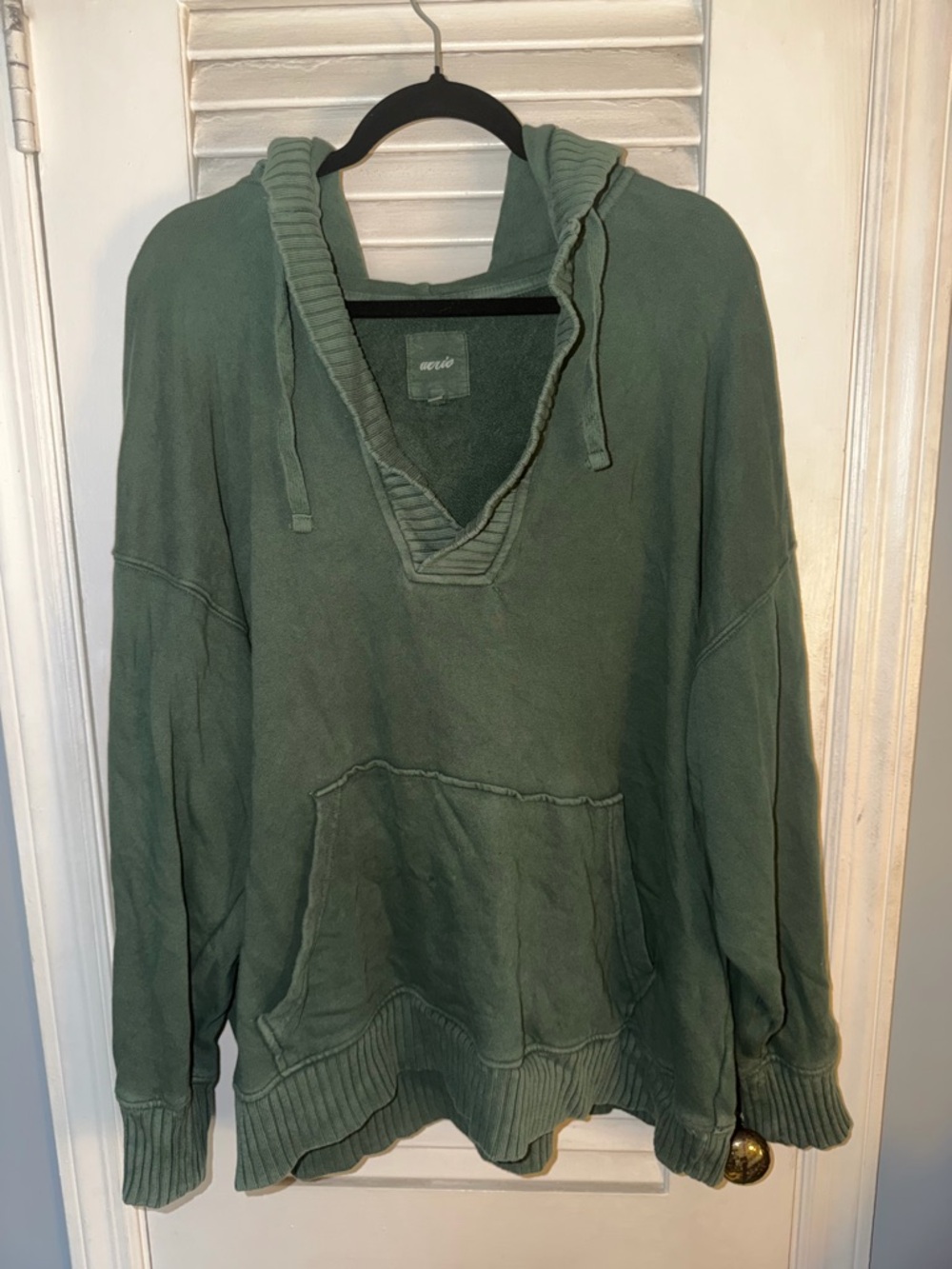 aerie Dark Green V-Neck Hooded Sweatshirt